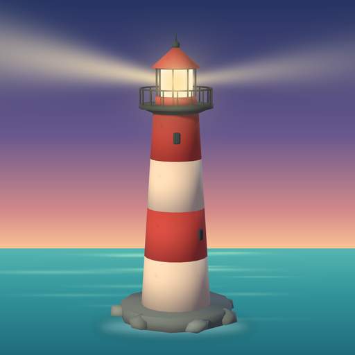 The Castaway Lighthouse app icon: a red and white lighthouse sending its beam over a dusk sea