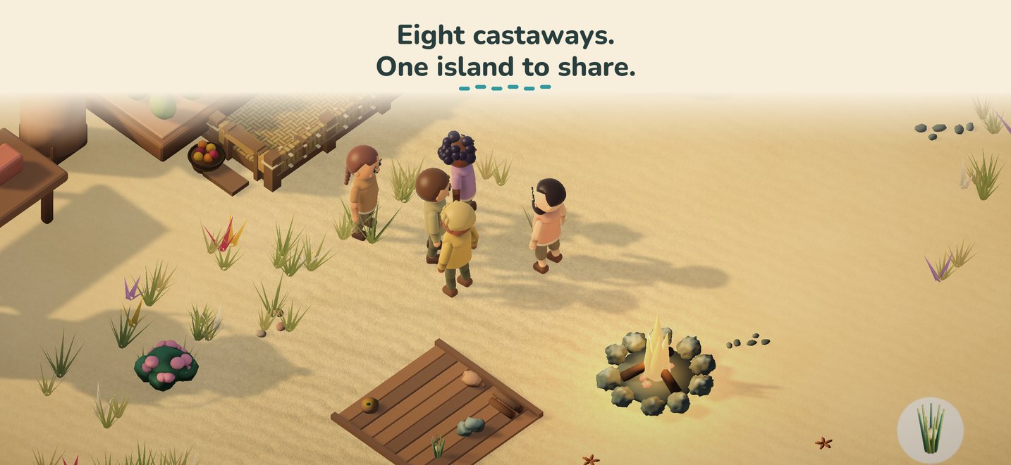 Five castaways chatting on the beach by the campfire: Eight castaways. One island to share.