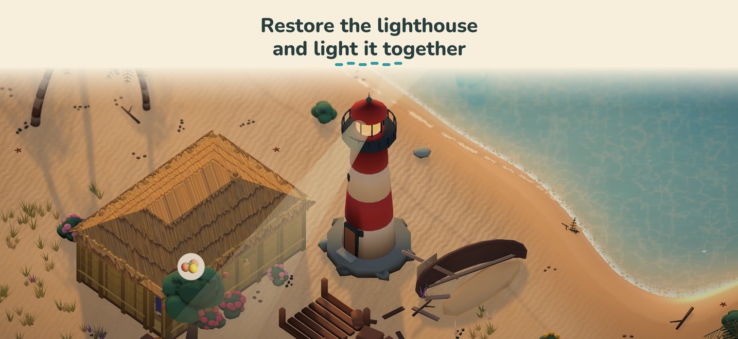 A thatched hut beside the red and white lighthouse on the shore: Restore the lighthouse and light it together.