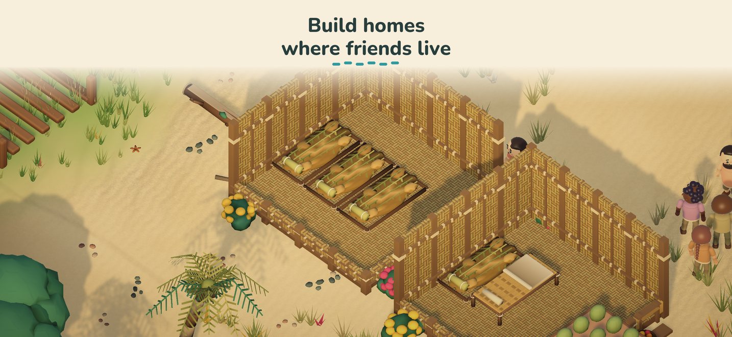 Two woven huts with their roofs lifted, showing the beds inside: Build homes where friends live.