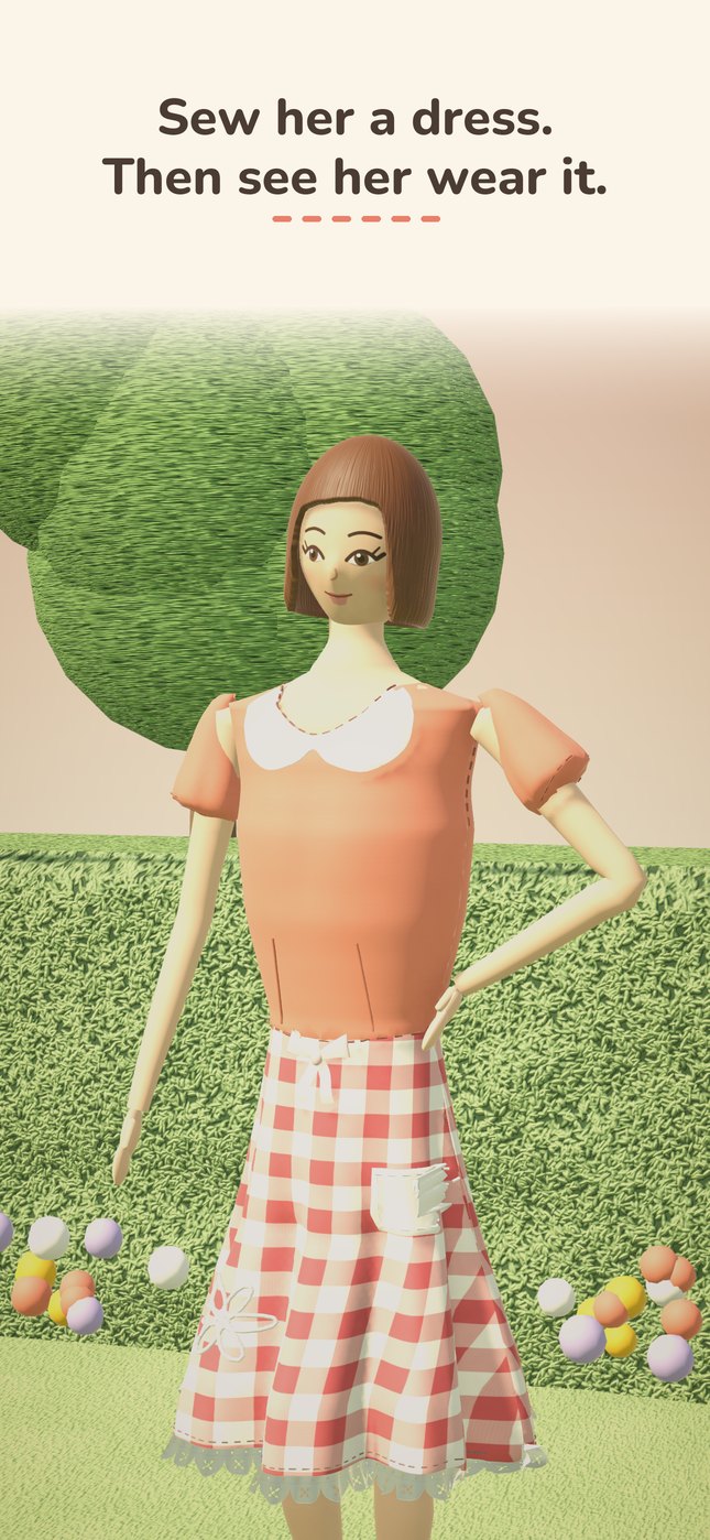 A customer wearing a coral and gingham dress in a garden: Sew her a dress. Then see her wear it.