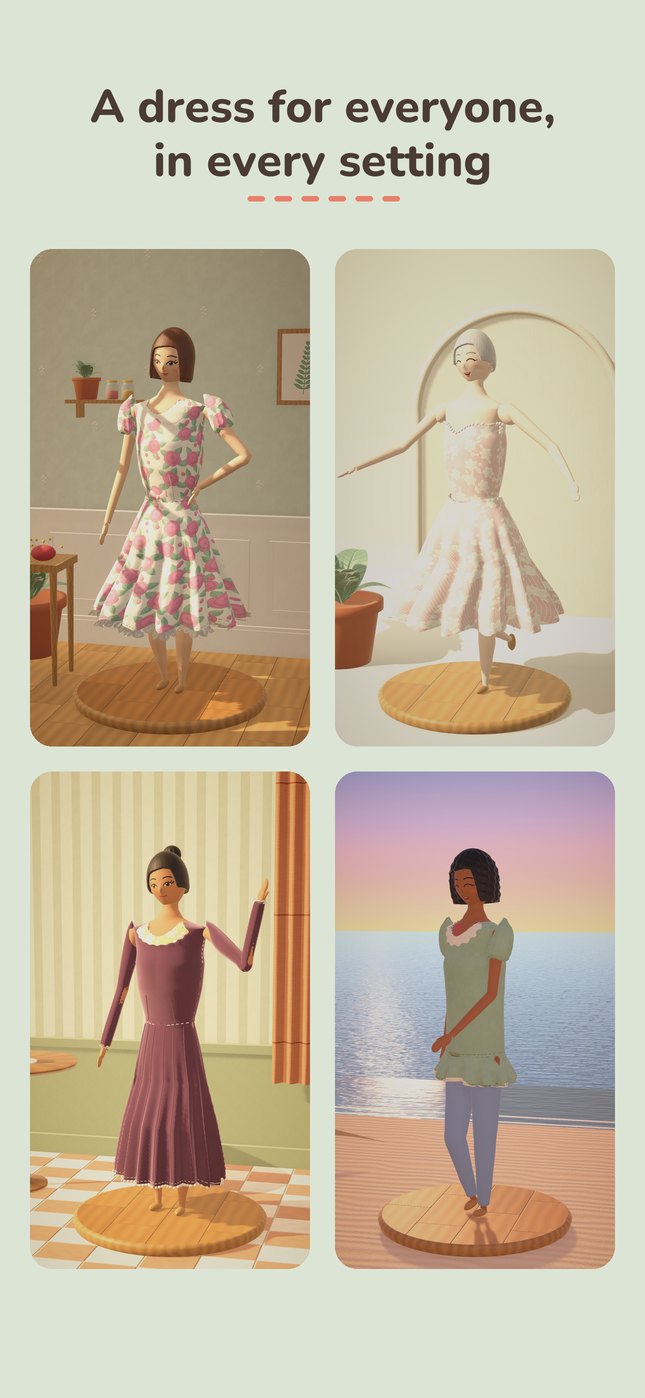Four customers in different dresses and poses: A dress for everyone, in every setting.